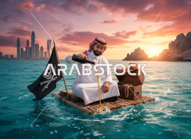 رجل سعودي على طوف خشبي مع كنز وقت الغروب