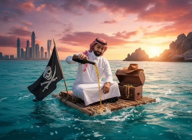 رجل سعودي على طوف خشبي مع كنز وقت الغروب