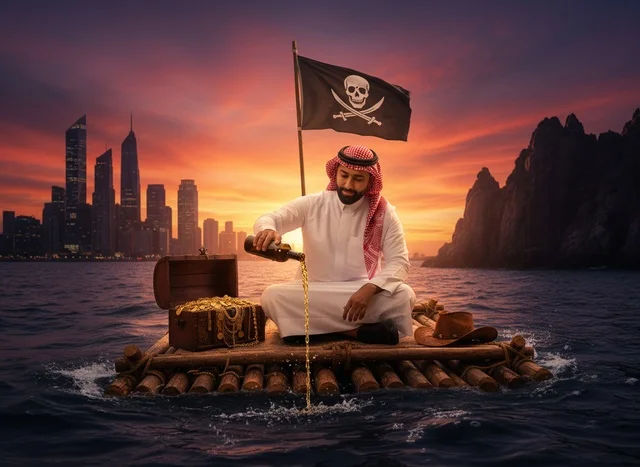 رجل سعودي على طوف قراصنة مع كنز وقت الغروب