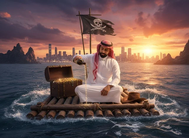 Saudi Man on Raft with Treasure Chest at Sea Sunset