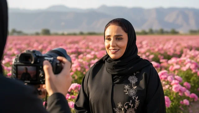 Saudi Woman in Abaya in Pink Flower Field Saudi Woman in Abaya in Pink Flower Field