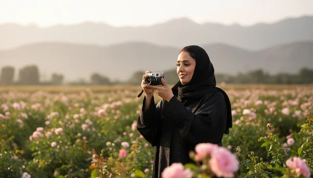 Emirati Woman Photography in Rose Field Mountains