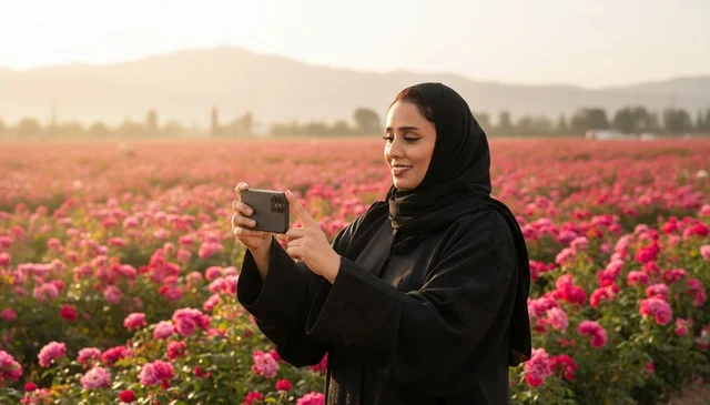 امرأة سعودية تصور حقل الورد وقت الغروب