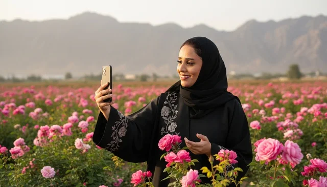 Arab Woman Taking Selfie in Pink Rose Field Landscape Arab Woman Taking Selfie in Pink Rose Field Landscape