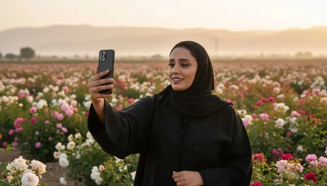 امرأة سعودية تلتقط سيلفي في مزارع ورد الطائف