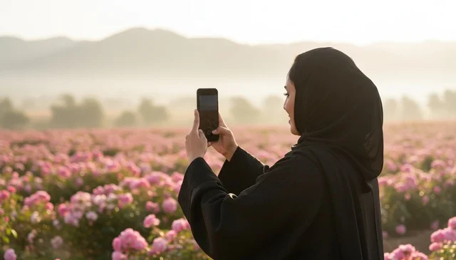 امرأة خليجية تستخدم الهاتف الذكي في حقل ورد