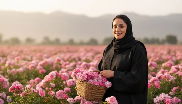 امرأة سعودية بالعباءة تحصد الورد الطائفي في الحقل
