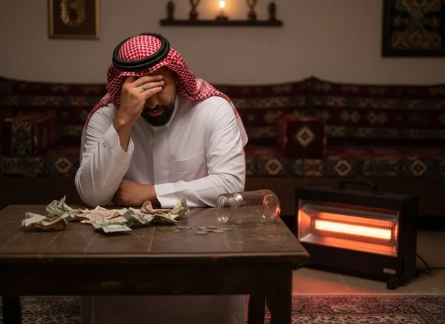 رجل سعودي مع نقود ومدفأة يعاني من ضائقة مالية