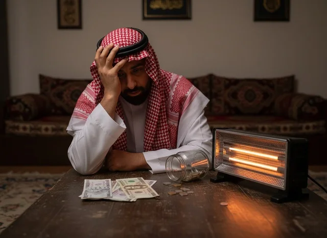 Saudi Man with Money and Electric Heater Indoors