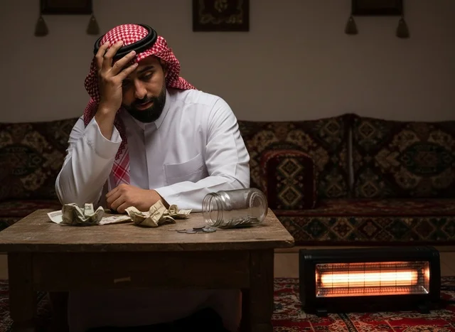 رجل سعودي قلق مع نقود في مجلس تقليدي