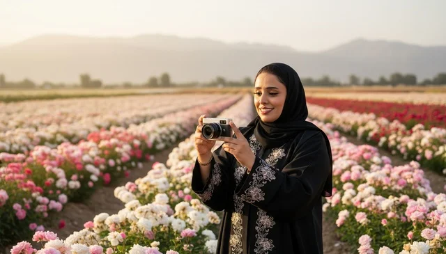 Saudi Woman with Camera in Rural Flower Field at Sunset