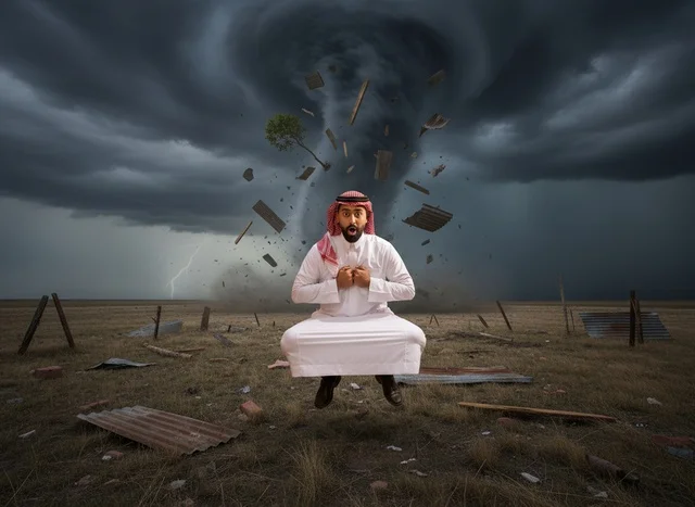 رجل سعودي باللباس التقليدي وسط إعصار وعاصفة رملية شديدة