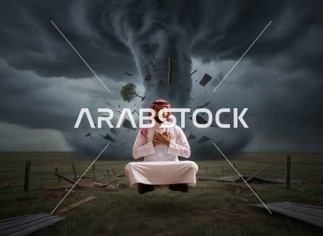Saudi Man in Thobe Levitating Amidst Tornado Storm