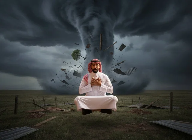 Saudi Man in Thobe Levitating Amidst Tornado Storm
