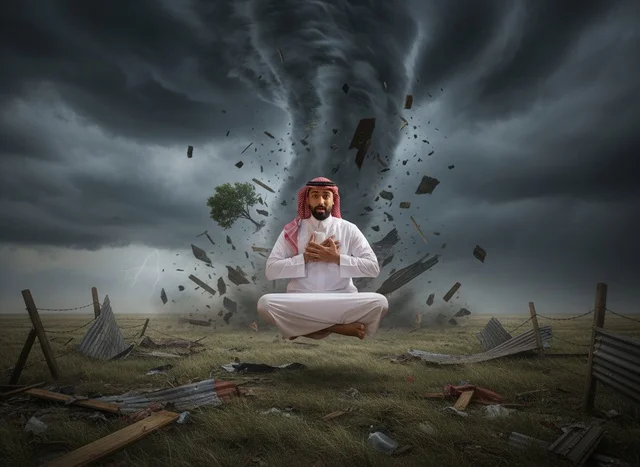 رجل سعودي بالزي التقليدي يتأمل وسط إعصار مدمر