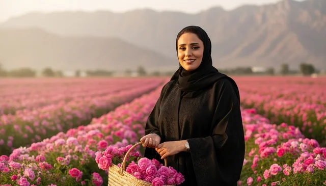 امرأة سعودية بالعباءة في حقل الورد الطائفي