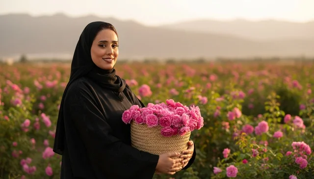 امرأة سعودية مع الورد الطائفي في الحقل