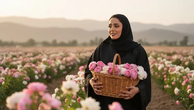 Saudi Woman with Rose Basket in Taif Field Saudi Woman with Rose Basket in Taif Field