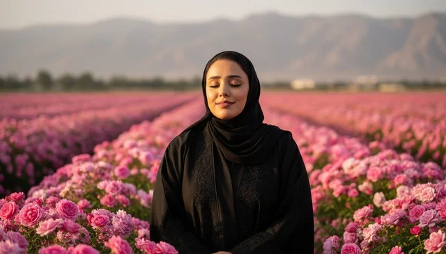 Saudi Woman in Abaya Standing in Pink Rose Field