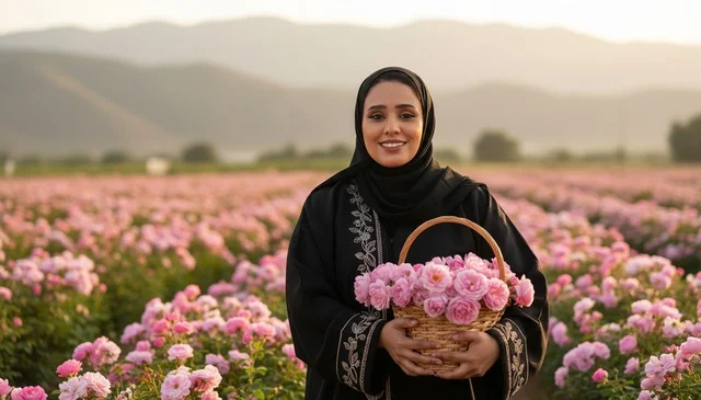 امرأة سعودية في حقل ورد وردي مع سلة خوص تقليدية