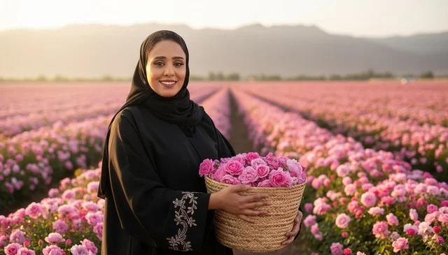 Saudi Woman Holding Taif Roses in a Pink Flower Field