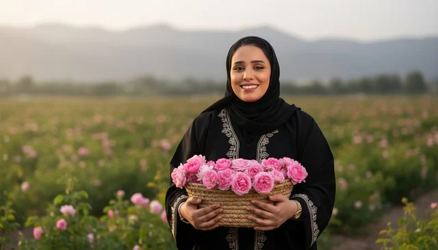 Saudi Woman with Taif Roses in Flower Farm Saudi Woman with Taif Roses in Flower Farm