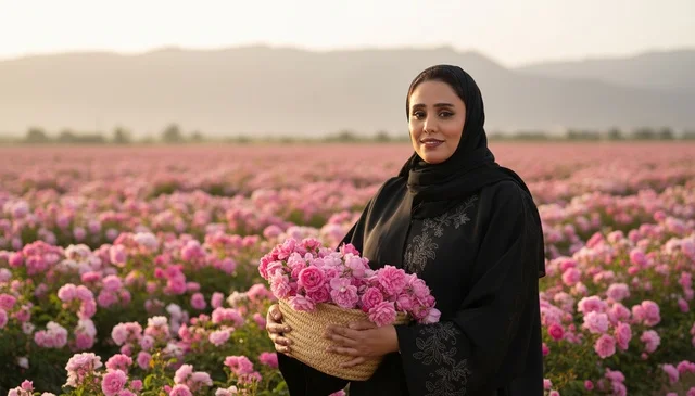 امرأة سعودية في حقل ورد الطائف تحمل سلة