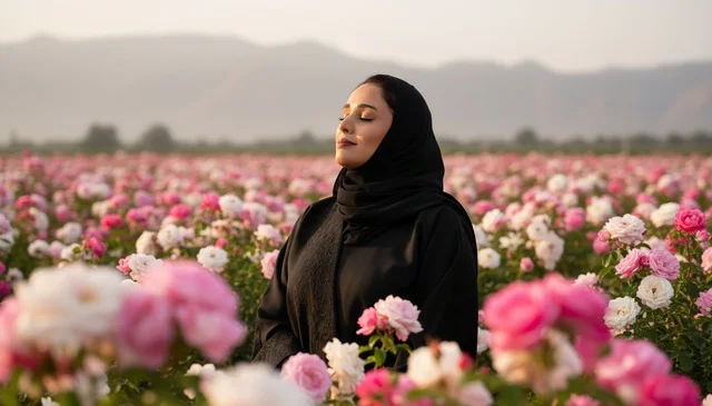 امرأة سعودية بالعباءة والحجاب في حقل الورود