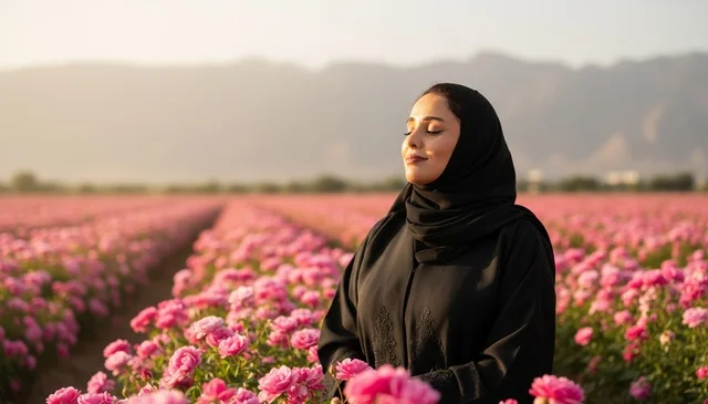 Arab Woman in Black Abaya in Pink Rose Field at Sunset Arab Woman in Black Abaya in Pink Rose Field at Sunset