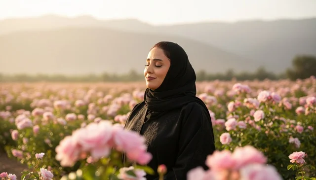 Saudi Woman in Black Abaya in Taif Rose Field