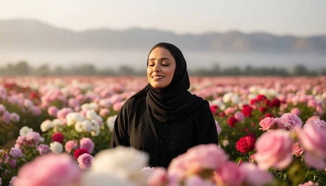 Saudi Woman in Abaya Standing in Pink Rose Field