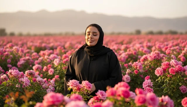 Arab Woman in Black Abaya in Pink Rose Field Arab Woman in Black Abaya in Pink Rose Field