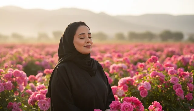 امرأة سعودية في حقل ورد وردي وقت الغروب