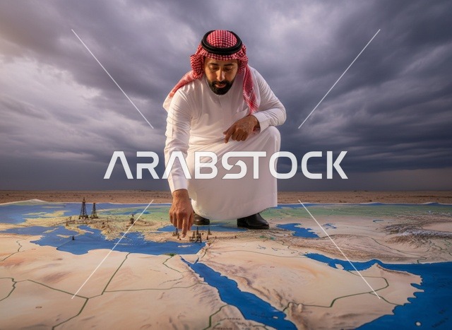 رجل سعودي يخطط استراتيجياً على خريطة الشرق الأوسط والنفط