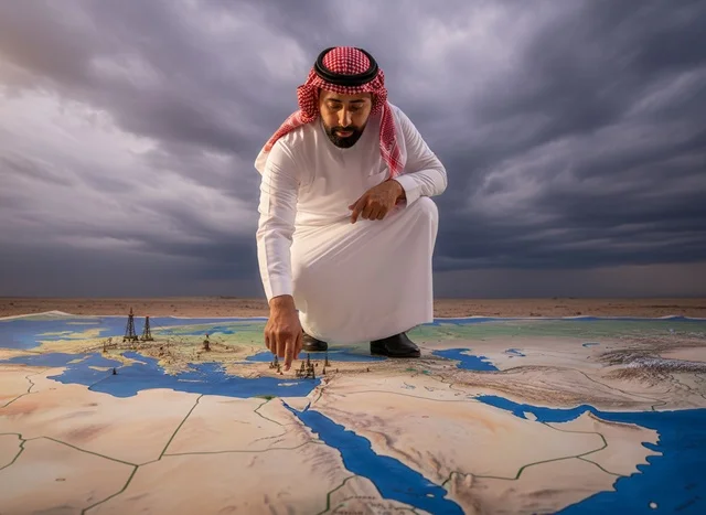 Saudi Man Planning Strategy on Middle East Map with Oil Rigs