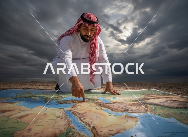 رجل سعودي يشير إلى خريطة الشرق الأوسط في الصحراء