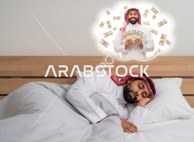 رجل سعودي نائم يحلم بالثروة والمال والريالات