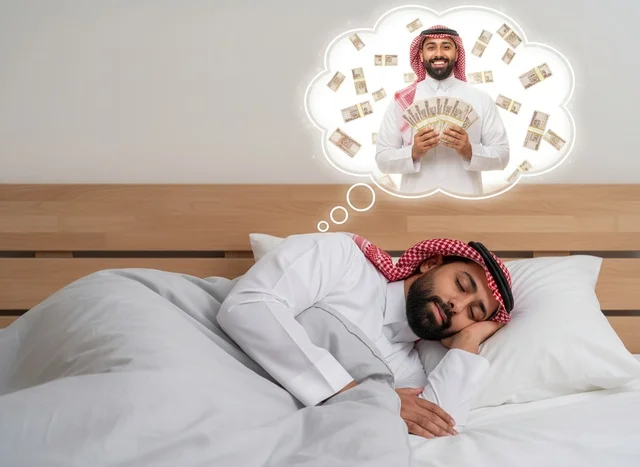 Saudi Man Sleeping and Dreaming of Wealth and Money
