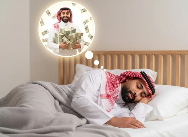 رجل سعودي يحلم بالثراء والمال في غرفة النوم