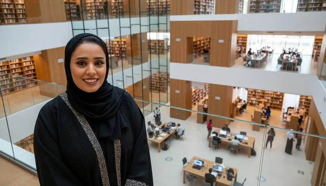 امرأة سعودية ترتدي العباءة في مكتبة عامة حديثة