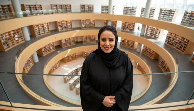 امرأة سعودية بالعباءة السوداء داخل مكتبة دائرية حديثة