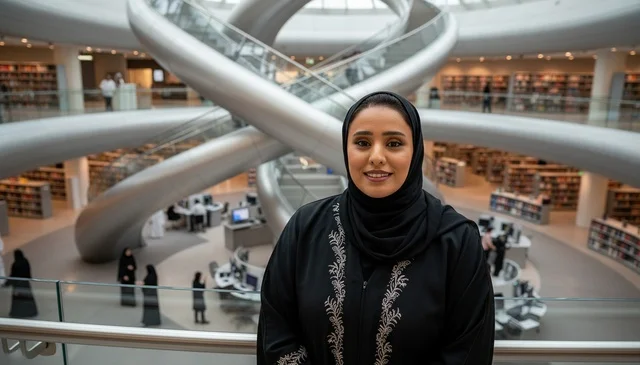 Emirati Woman in Modern Public Library Architecture