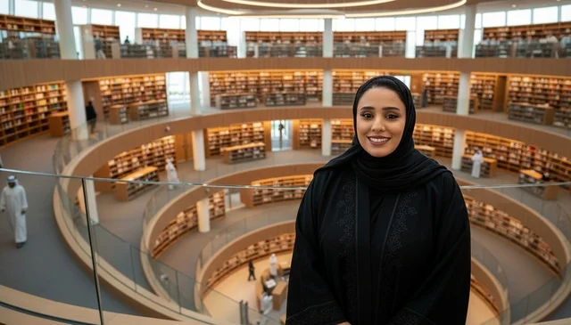 امرأة إماراتية داخل مكتبة حديثة متعددة الطوابق