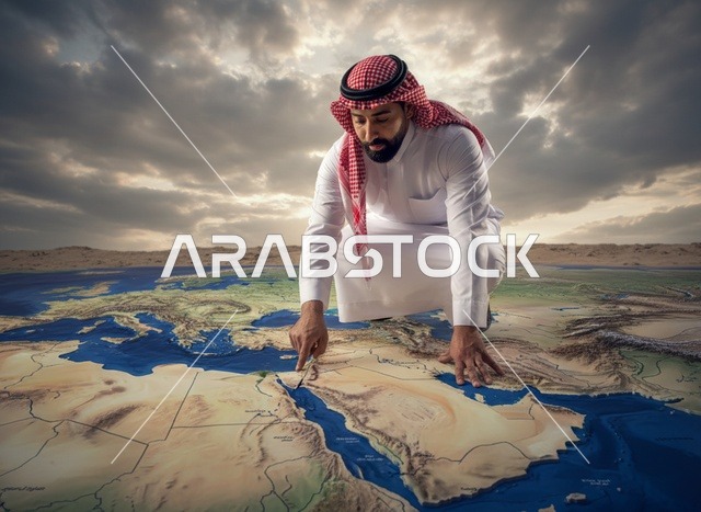 رجل سعودي يخطط على خريطة الشرق الأوسط في الصحراء
