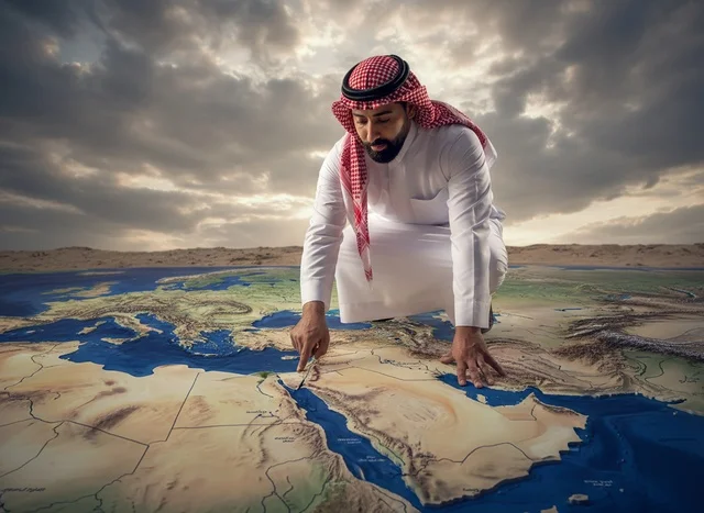 رجل سعودي يخطط على خريطة الشرق الأوسط في الصحراء