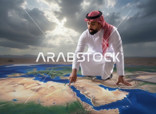رجل سعودي يشير إلى خريطة الشرق الأوسط في الصحراء