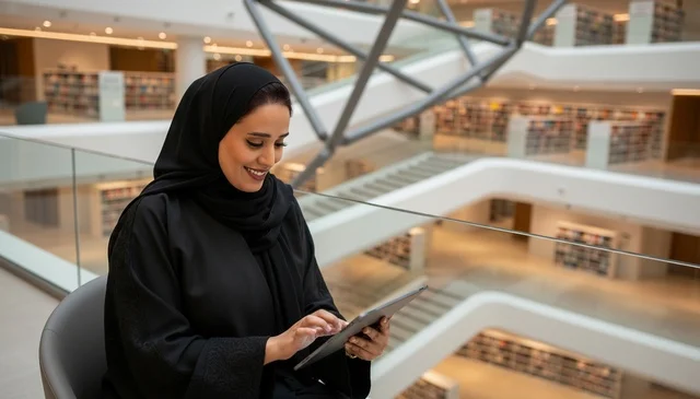 امرأة سعودية بالعباءة تستخدم جهاز لوحي في المكتبة