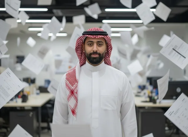 رجل أعمال سعودي في مكتب حديث مع أوراق بيضاء متساقطة