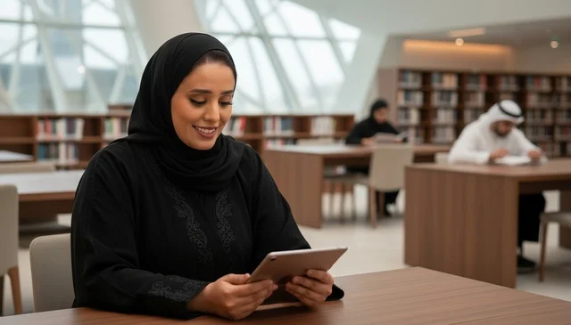 امرأة إماراتية تستخدم جهازاً لوحياً في مكتبة حديثة