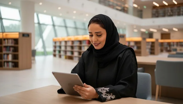 امرأة إماراتية تستخدم جهازاً لوحياً في مكتبة حديثة